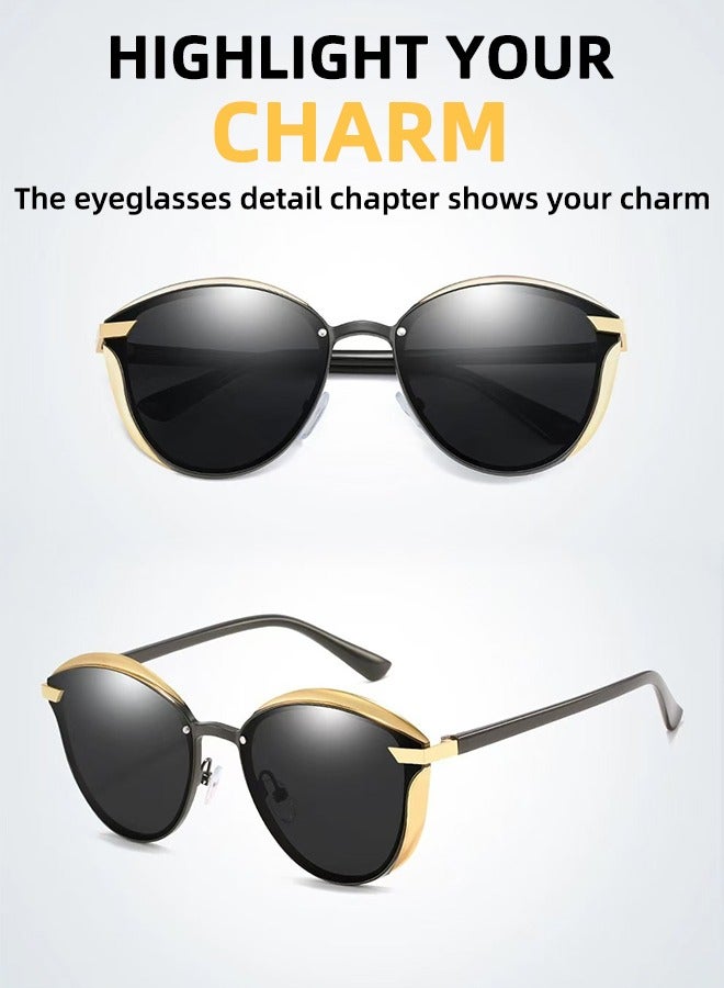 نظارات شمسية مستقطبة عالية الدقة على شكل عين القطة | إطار ذهبي عتيق وعدسات رمادية سوداء | حماية من الأشعة فوق البنفسجية 400 | بيان أزياء مضاد للتوهج | نظارات شمسية أنيقة خفيفة الوزن مصنوعة من سبائك معدنية ملونة فاخرة توفر حماية من الأشعة فوق البنفسجية - Image 2