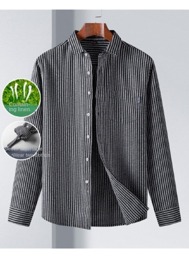 ROMON Two-way Wear With Linen】men's Striped Long Sleeve Shirt, Breathable And Comfortable Men's Shirt - Image 1
