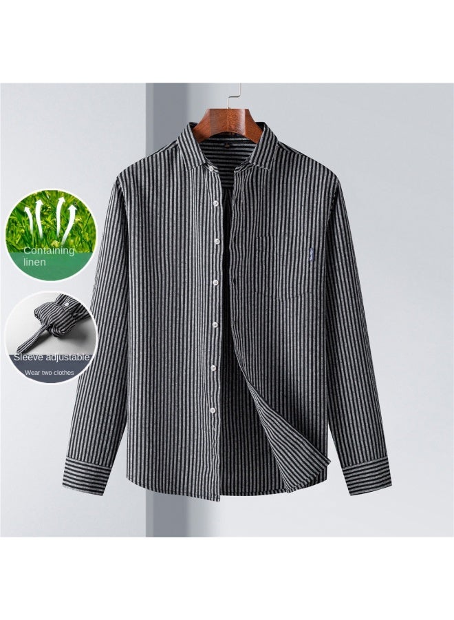 ROMON Two-way Wear With Linen】men's Striped Long Sleeve Shirt, Breathable And Comfortable Men's Shirt - Image 2