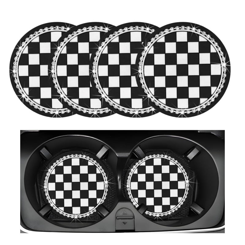 Yourkar 4 PCS Cow Print Car Cup Coaster 275 Inch AntiSlip Auto Cup Holder Insert Coaster Anti Slip Bling Cup Mats with Flower Pattern Universal Interior Car Accessories Checkerboard - Image 3
