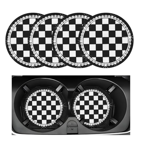 Yourkar 4 PCS Cow Print Car Cup Coaster 275 Inch AntiSlip Auto Cup Holder Insert Coaster Anti Slip Bling Cup Mats with Flower Pattern Universal Interior Car Accessories Checkerboard - Image 1