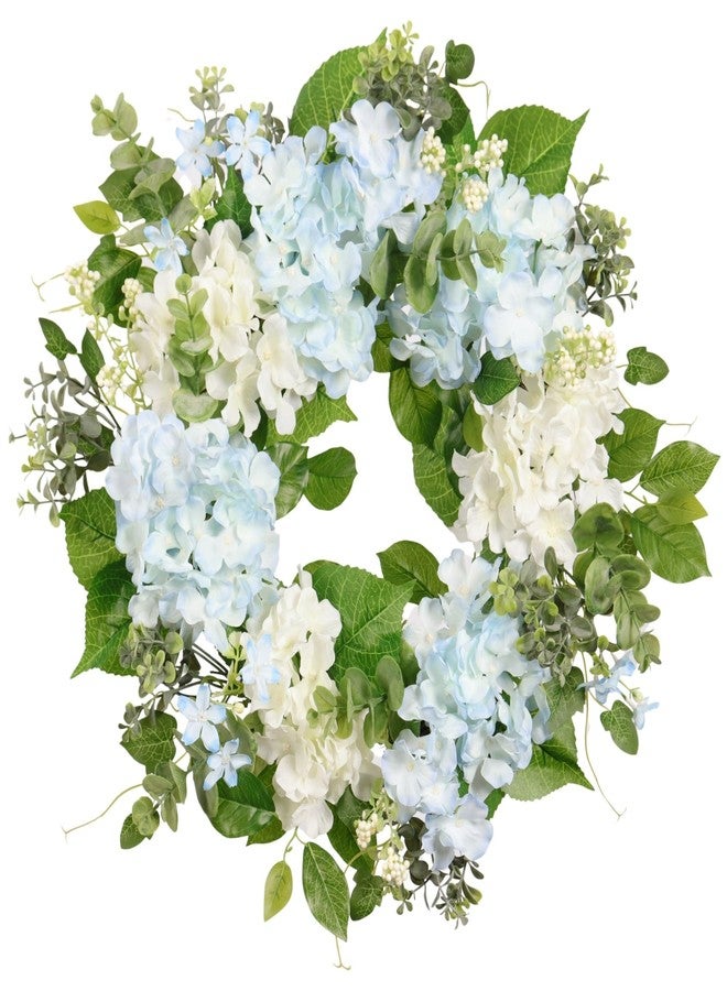 Quixem Spring Wreath Artificial Hydrangea Eucalyptus 20IN, Light Blue White Green, Spring Easter Summer Front Door Wall Décor - Image 2
