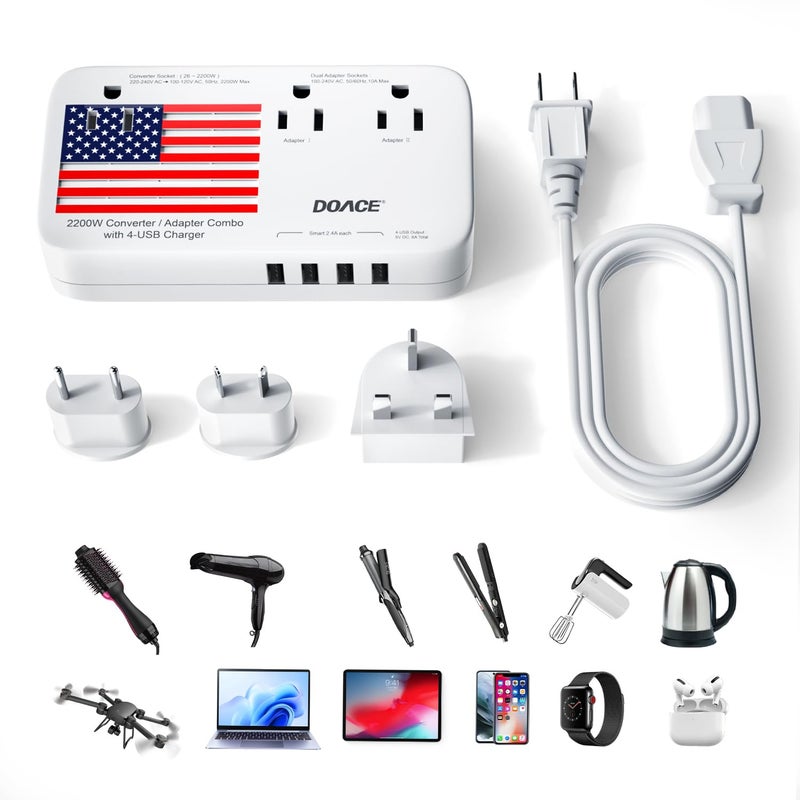 DOACE Upgraded 2200W 220V to 110V Converter for European Travel, Voltage Converter US to Europe for Hair Dryer Straightener Curling Iron, 2300W Power with USB Ports for Tablet Camera Cell Phone - Image 1