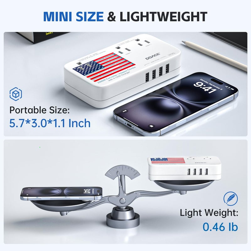 DOACE Upgraded 2200W 220V to 110V Converter for European Travel, Voltage Converter US to Europe for Hair Dryer Straightener Curling Iron, 2300W Power with USB Ports for Tablet Camera Cell Phone - Image 5