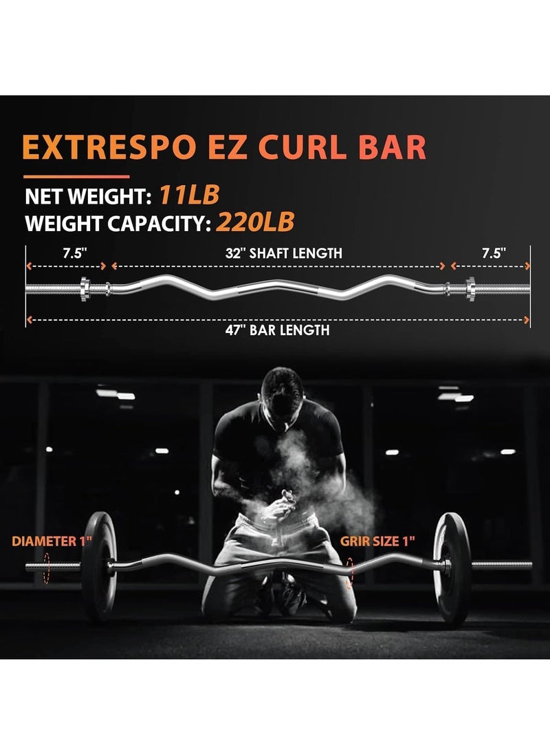 KUYING - KUYING 47 Inches （120cm）EZ Curl Barbell Bar Weightlifting Bar, for Hip Thrusts/Squats/Lunges, 1-inch Weight Plates Curling Bar for Gym and Home, with 2 Star Collars (100Kg Weight Capacity) - Image 1