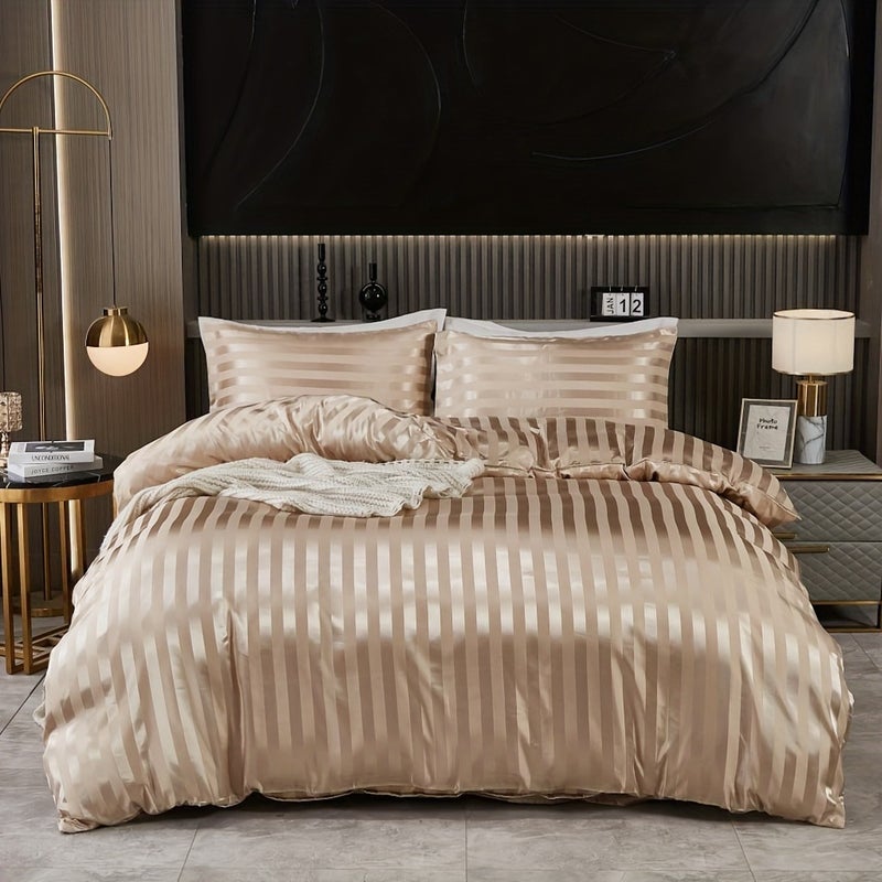 3pcs Simple Classic Satin Striped Duvet Cover Set, 1 Duvet Cover + 2 Pillowcases, No Insert, Soft and Comfortable, Machine Washable, Suitable for Bedrooms, Dorms, and Hotels, Bedding Decoration, Holiday Gift - Image 1