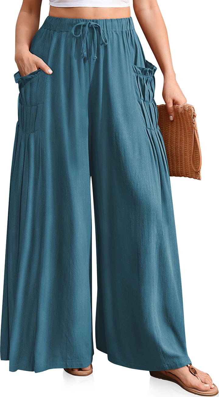 TARSE Women Linen Palazzo Pants Summer Boho Wide Leg High Waist Casual Lounge Pant 2025 Beach Travel Vacation Outfits Lakeblue, XL - Image 1