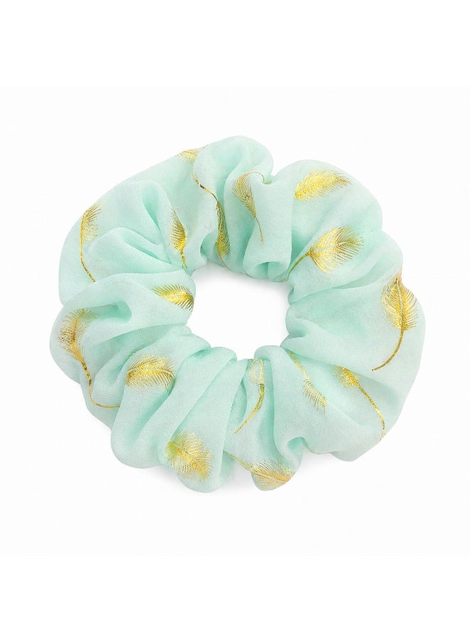 Big Size Blue Satin Scrunchie With Golden Feathers Print - Image 1