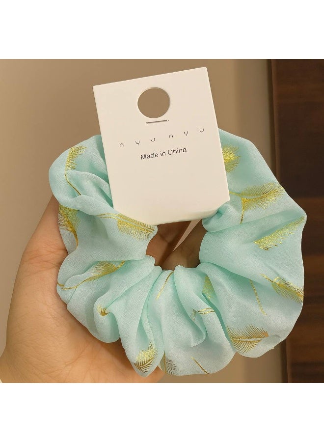 Big Size Blue Satin Scrunchie With Golden Feathers Print - Image 3