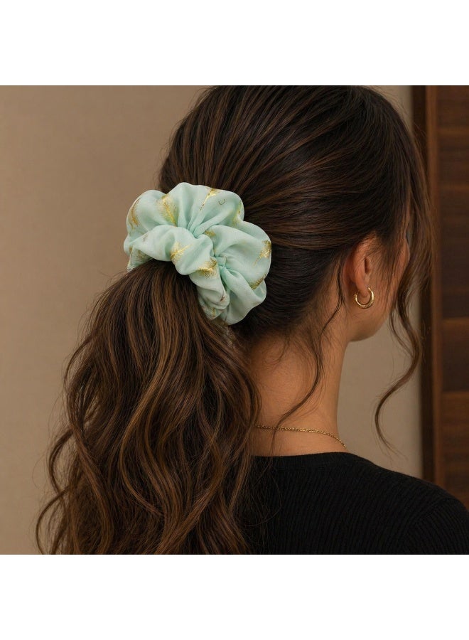 Big Size Blue Satin Scrunchie With Golden Feathers Print - Image 2