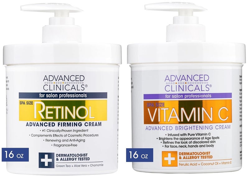 Advanced Clinicals لوشن الجسم ريتينول من أدفانسد كلينيكالز - كريم فيتامين سي المشرق مجموعة العناية بالبشرة 2 قطعة - مرطب الجسم المشدود - لوشن الوجه - علاج البشرة المتجعدة - منتجات العناية بالبشرة مجموعة 2 قطعة