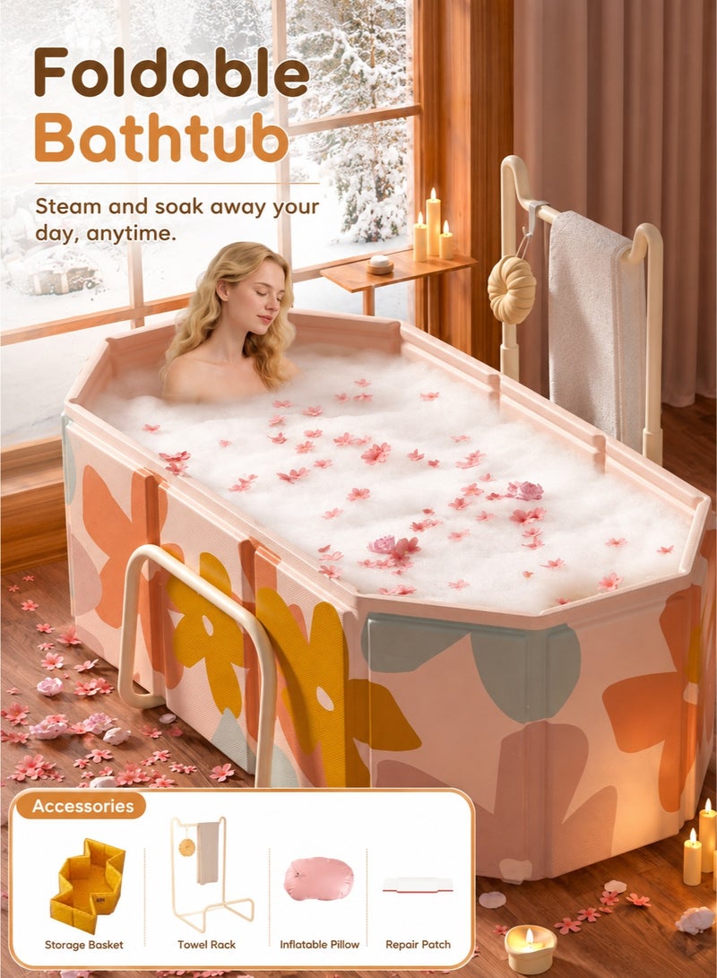 WALALLA Extra Large Foldable Bathtub for Adults, Freestanding PVC Soaking Tub with Towel Rack, Drain Pipe and Cushion, Space-Saving Portable Bath Tub for Bathroom, Shower Stall, Warm Bath and Cool Soak - Multicolour - Image 1