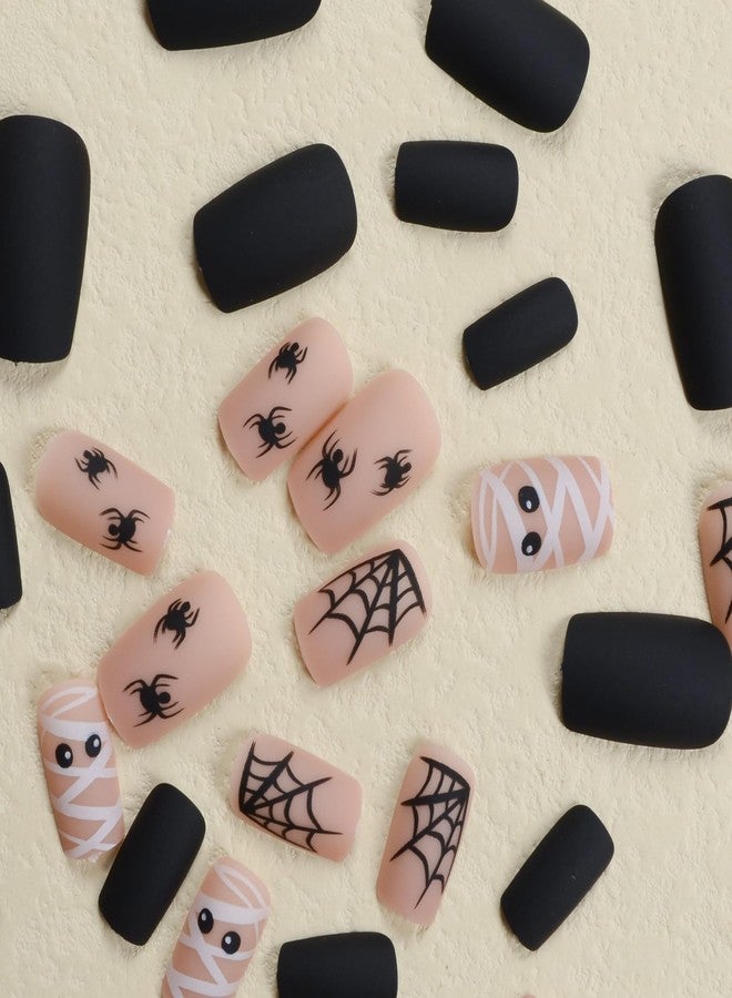 MANGOIT Halloween Press on Nails Medium Square Fake Nails Matte Nude False Nails with Cute Mummy Eyes Spider Webs Design Halloween Full Cover Stick on Nails for Women Girls 24Pcs - Image 2