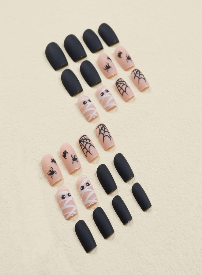 MANGOIT Halloween Press on Nails Medium Square Fake Nails Matte Nude False Nails with Cute Mummy Eyes Spider Webs Design Halloween Full Cover Stick on Nails for Women Girls 24Pcs - Image 3