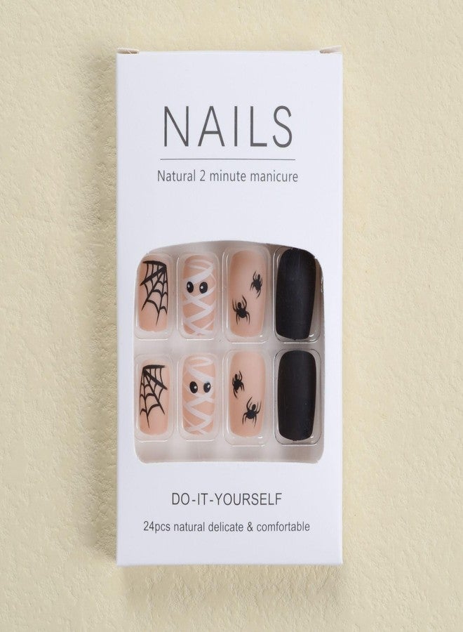MANGOIT Halloween Press on Nails Medium Square Fake Nails Matte Nude False Nails with Cute Mummy Eyes Spider Webs Design Halloween Full Cover Stick on Nails for Women Girls 24Pcs - Image 5