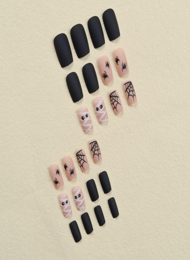MANGOIT Halloween Press on Nails Medium Square Fake Nails Matte Nude False Nails with Cute Mummy Eyes Spider Webs Design Halloween Full Cover Stick on Nails for Women Girls 24Pcs - Image 4