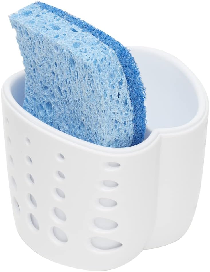 Home Basics Double Sponge Holder Kitchen Sink Caddy, Saddle Faucet Sink Soap Sponge Organizer With Drain Hole, White - Image 1
