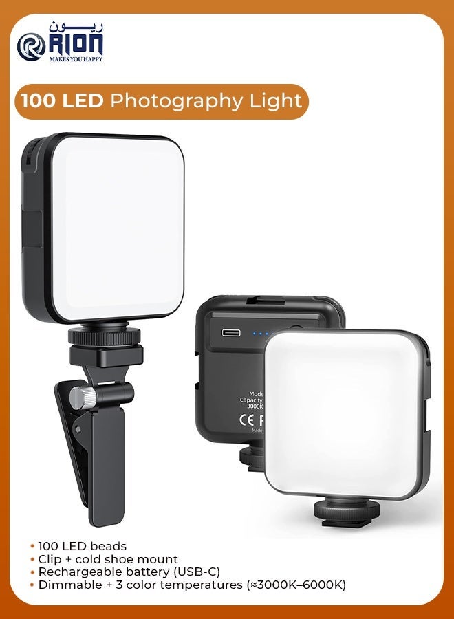 RION LED Video Light Panel 100 LEDs – Rechargeable Dimmable Camera Light with Clip & Cold Shoe Mount, 3 Color Modes for Vlogging, Photography, TikTok & YouTube - Image 1