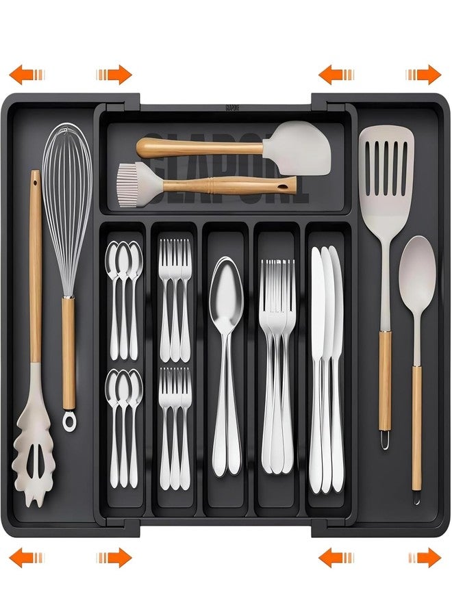 Drofail Silverware Drawer Organizer, Expandable Utensil Organizer for Kitchen Drawers, Adjustable Cutlery and Flatware Tray, Plastic Spoons Forks Knives Holder Storage Dividers, Large, Black - Image 1