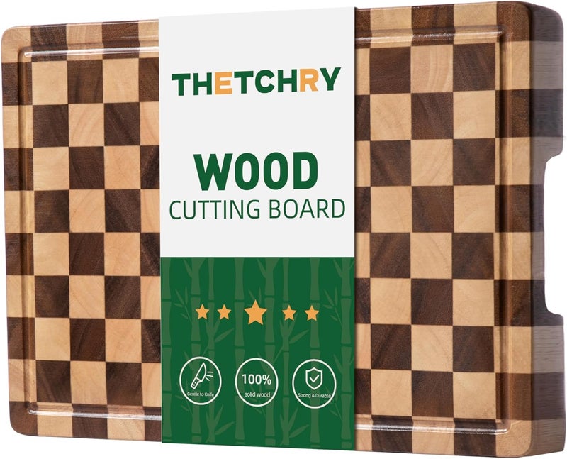 thetchry End Grain Cutting Boards for Kitchen, Wooden Cutting board, Acacia Wood Chopping Board with Juice Groove & Handle, Butcher Block for Meat, Bread & Fruit, 14"L x 11"W x 0.8"Th - Image 1