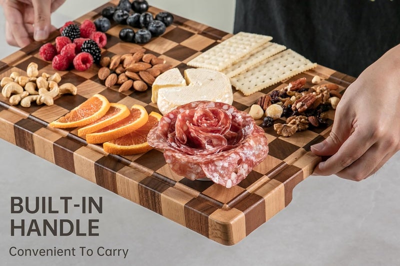 thetchry End Grain Cutting Boards for Kitchen, Wooden Cutting board, Acacia Wood Chopping Board with Juice Groove & Handle, Butcher Block for Meat, Bread & Fruit, 14"L x 11"W x 0.8"Th - Image 3