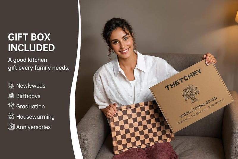 thetchry End Grain Cutting Boards for Kitchen, Wooden Cutting board, Acacia Wood Chopping Board with Juice Groove & Handle, Butcher Block for Meat, Bread & Fruit, 14"L x 11"W x 0.8"Th - Image 5
