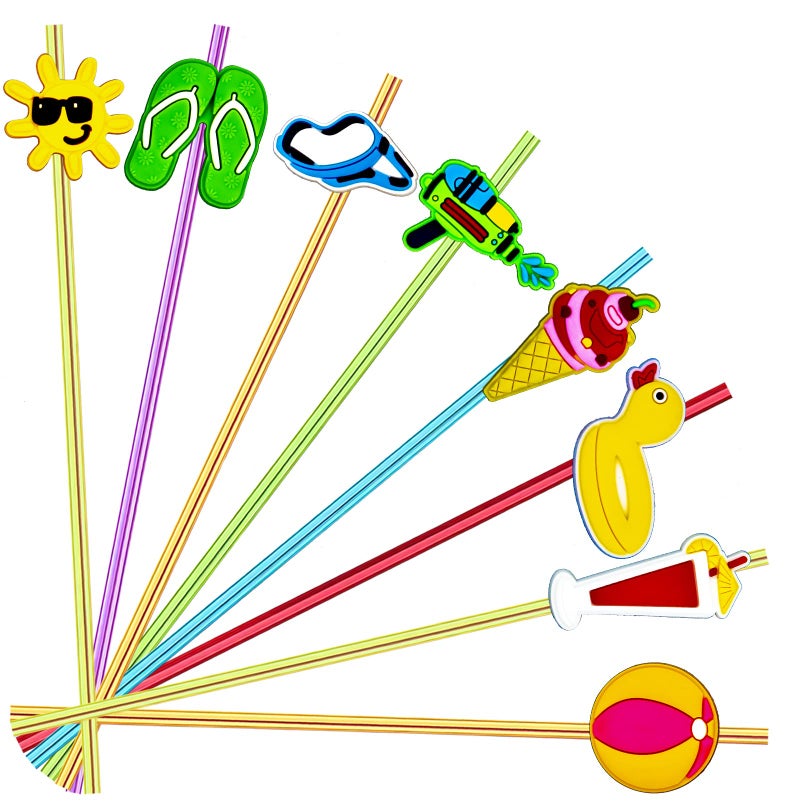 GREAWOD 24 Pieces Beach Theme Reusable Plastic Drink Cocktail Straws Beach Ball Pool Summer Birthday Party Favor Decorations With 2 Cleaning Brushes 6 Colors Straws - Image 1
