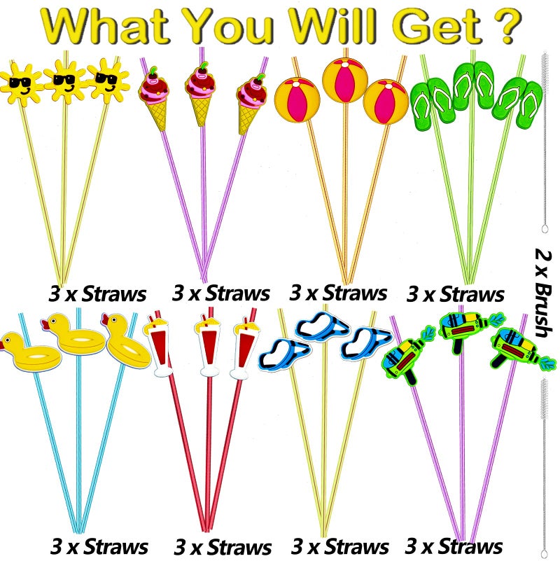 GREAWOD 24 Pieces Beach Theme Reusable Plastic Drink Cocktail Straws Beach Ball Pool Summer Birthday Party Favor Decorations With 2 Cleaning Brushes 6 Colors Straws - Image 4