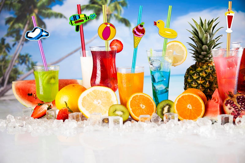 GREAWOD 24 Pieces Beach Theme Reusable Plastic Drink Cocktail Straws Beach Ball Pool Summer Birthday Party Favor Decorations With 2 Cleaning Brushes 6 Colors Straws - Image 3
