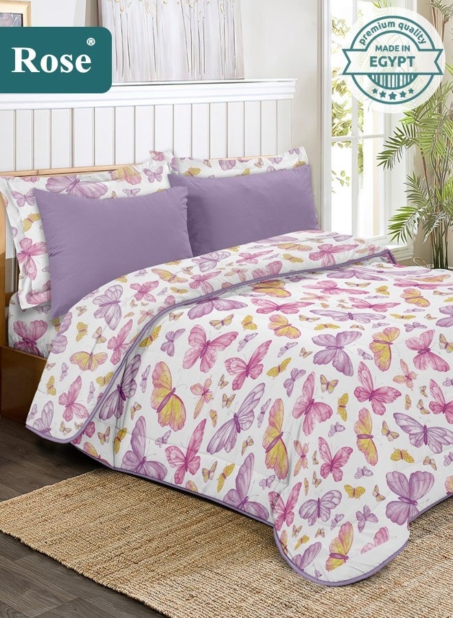 Rose Floral Comforter Set, High Quality Microfiber, 6 Pieces, Fits 200x200 cm Double Size Bed, Soft Cooling Breathable, Stylish Printed Elegance, King Size Comforter, Lilac Butterflies - Image 1