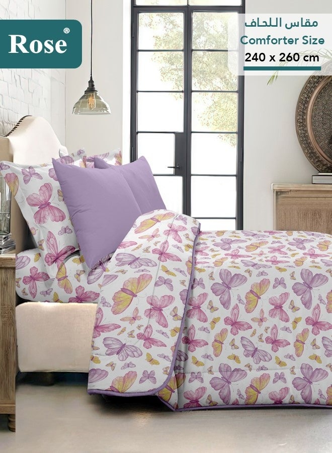 Rose Floral Comforter Set, High Quality Microfiber, 6 Pieces, Fits 200x200 cm Double Size Bed, Soft Cooling Breathable, Stylish Printed Elegance, King Size Comforter, Lilac Butterflies - Image 3