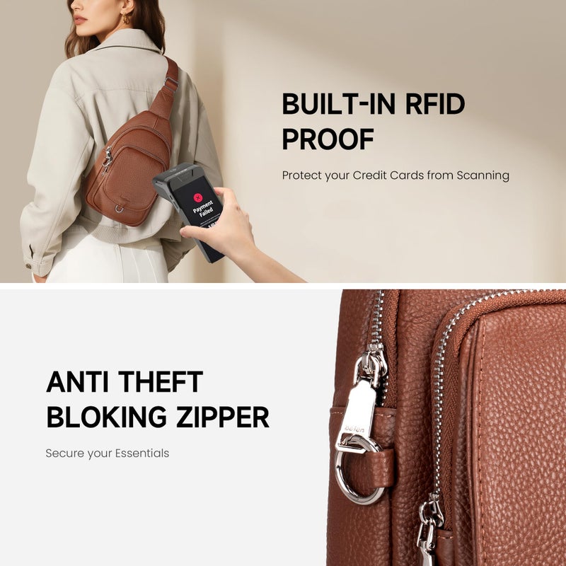 befen Genuine Leather Sling Bag for Women Anti Theft Crossbody Bag RFID Blocking Sling Crossbody Bag for Travel with Card Slots and Adjuatable Wipe Strap Soft Small Crossbody Purse for Daily Brown - Image 3