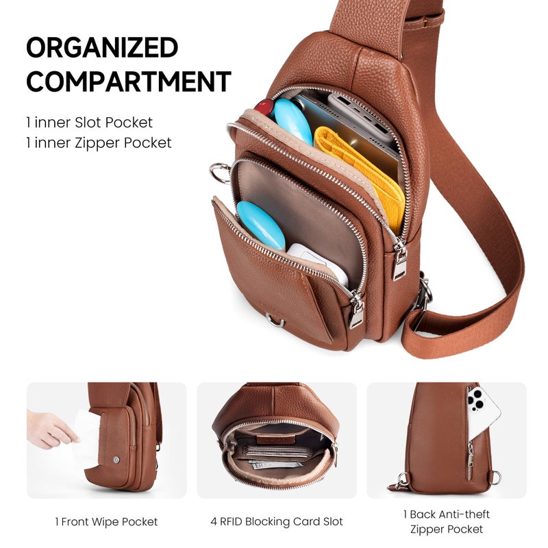 befen Genuine Leather Sling Bag for Women Anti Theft Crossbody Bag RFID Blocking Sling Crossbody Bag for Travel with Card Slots and Adjuatable Wipe Strap Soft Small Crossbody Purse for Daily Brown - Image 5