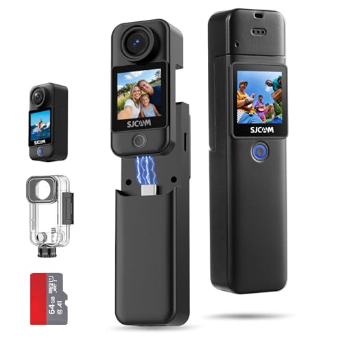 SJCAM كاميرا SJCAM C300 المحمولة للسفر، 4K، 7 ساعات طاقة، تسجيل فيديو بزاوية رؤية واسعة 154°، تثبيت 6 محاور، كاميرا جسم بشاشة لمس مزدوجة، مقاومة للماء حتى 30 متر، بث مباشر على يوتيوب، بطاقة 64G سوداء - Image 1