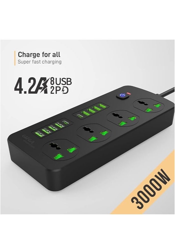 BGM Gizga Essentials Power Extension Board 8 USB 4.2A Ports, 2 PD 20W Ports, 4 Universal Thermal Trip Electrical Multi Plug Sockets, Surge Protection, Spike Guard, 3000W 16A, Flame Proof, 2m Cord Length  - Image 2