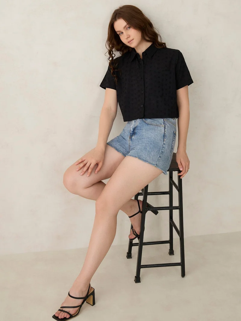 Outzidr Black Black Cropped Schiffli Shirt for Women | Best Price UAE