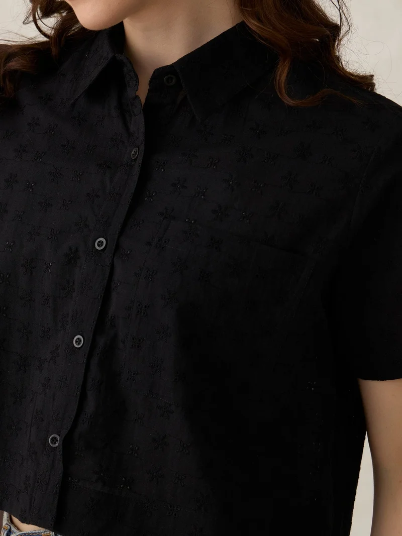 Outzidr Black Black Cropped Schiffli Shirt for Women | Best Price UAE