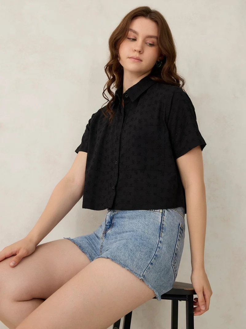 Outzidr Black Black Cropped Schiffli Shirt for Women | Best Price UAE