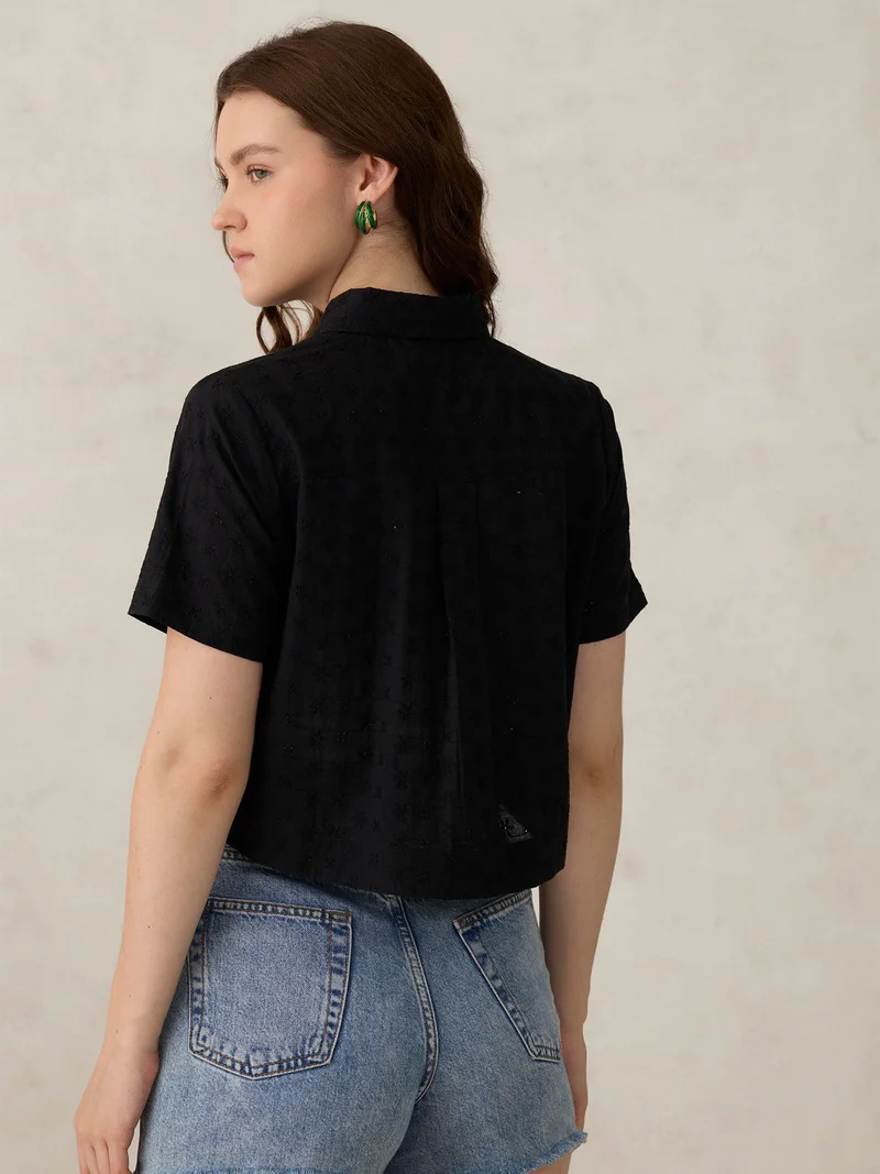Outzidr Black Black Cropped Schiffli Shirt for Women | Best Price UAE