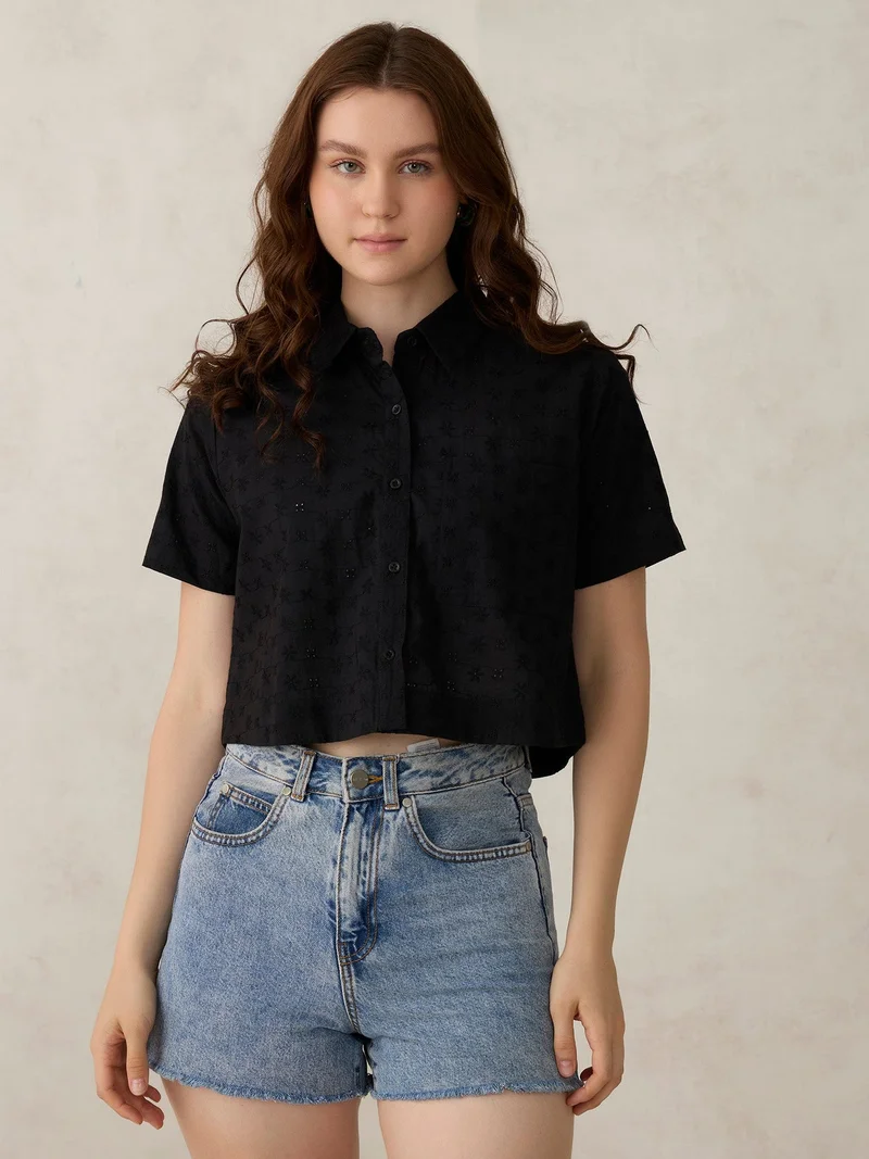 Outzidr Black Black Cropped Schiffli Shirt for Women | Best Price UAE