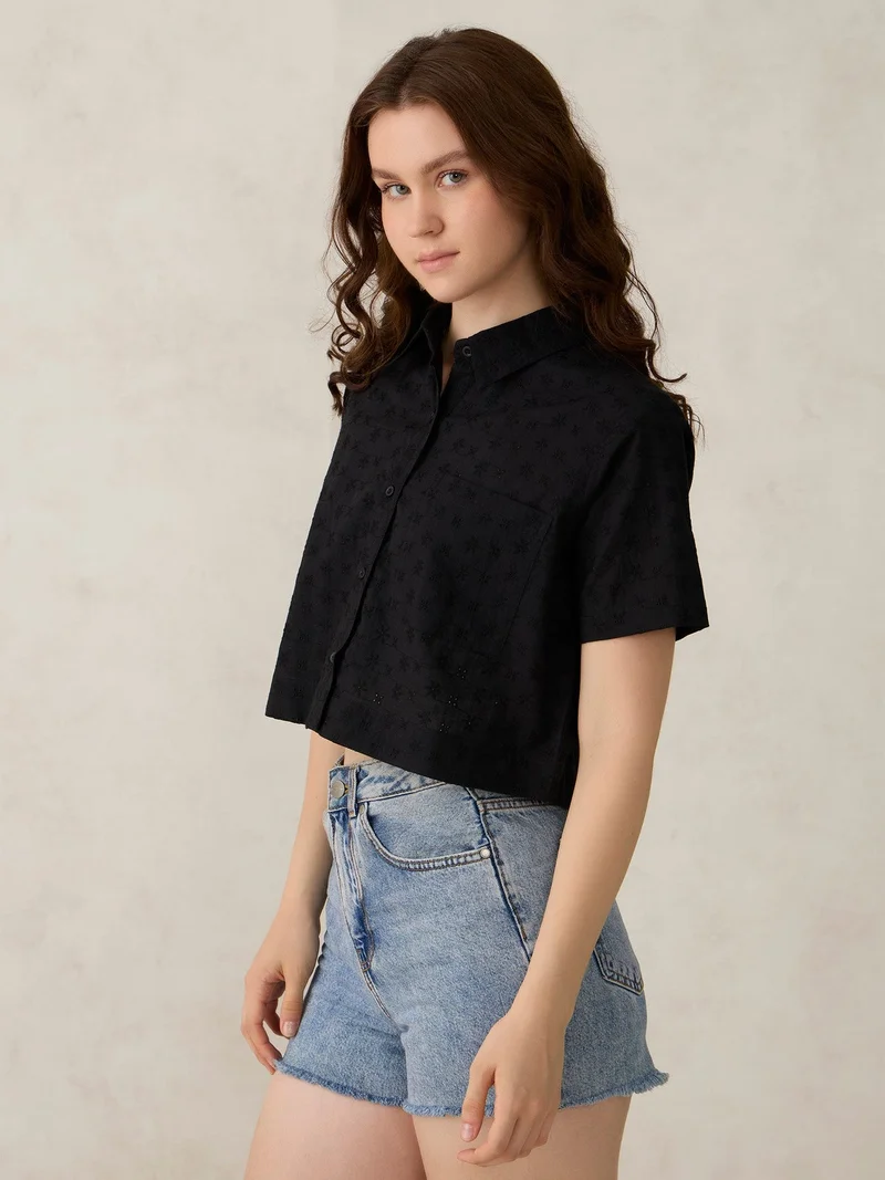 Black Cropped Schiffli Shirt