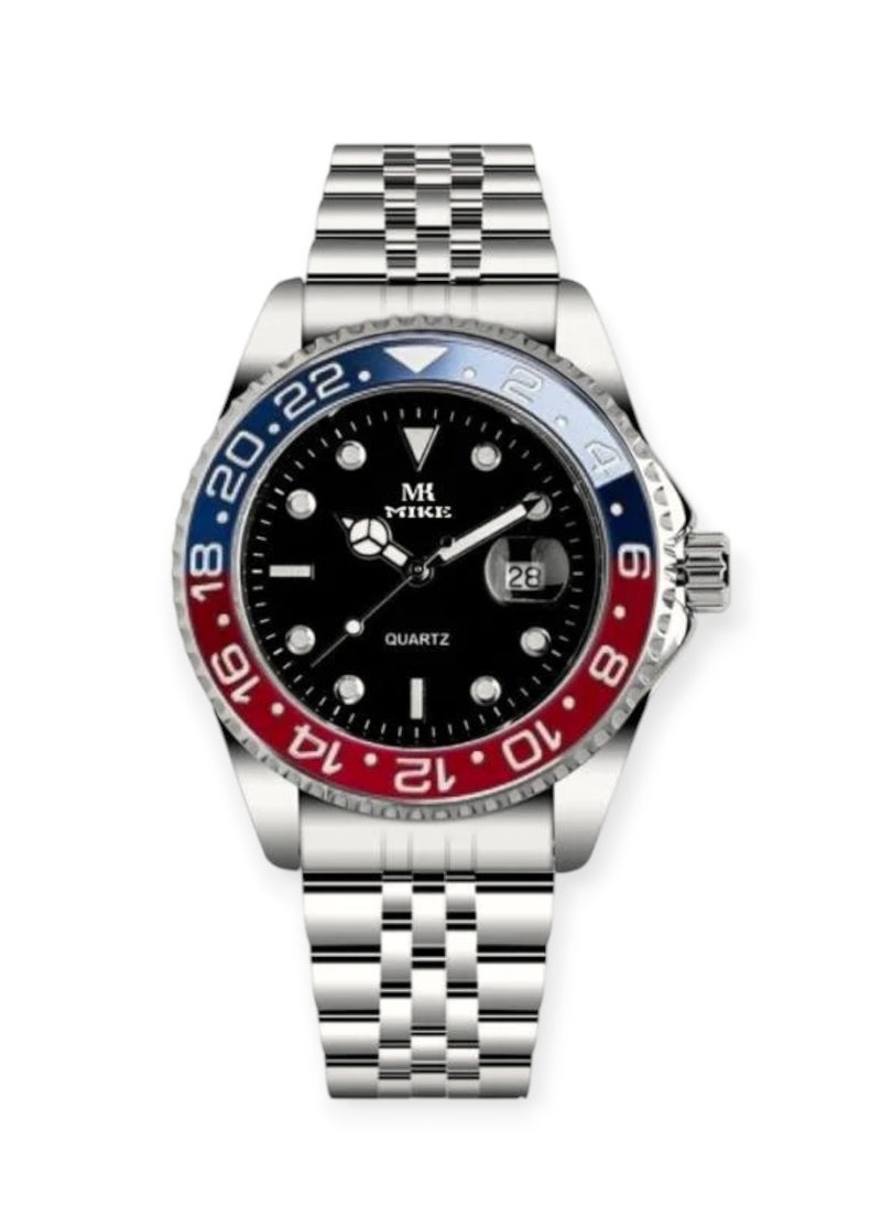 MIKE Pepsi Men's Watch, Waterproof, High Quality, Silver Bracelet with Black Dial 