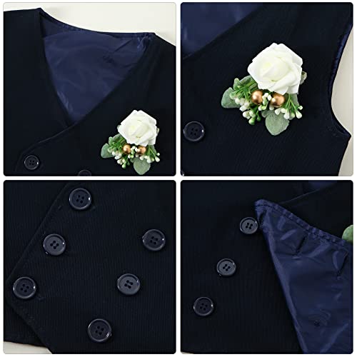 YALLET Toddler Baby Boy Clothes Suit Gentleman Wedding Outfits, Formal Dress Shirt+Bowtie+Vest+Boutonniere+Suspender Pants(V Navy Blue, 2-3T) - Image 5