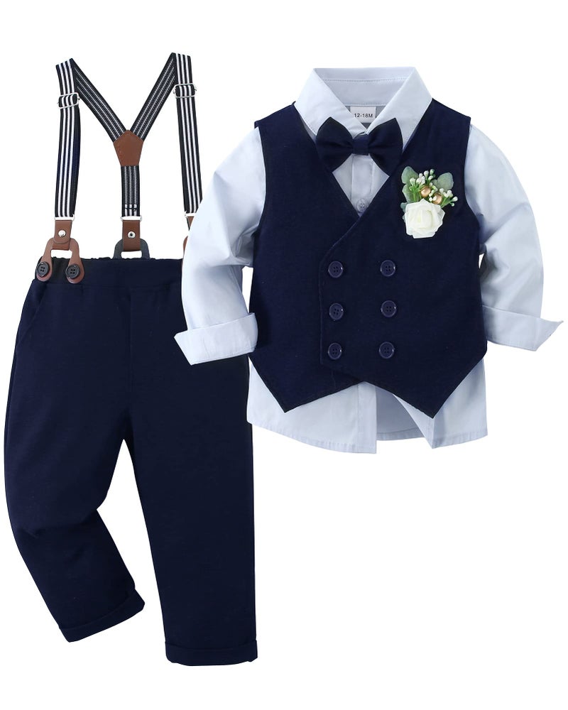 YALLET Toddler Baby Boy Clothes Suit Gentleman Wedding Outfits, Formal Dress Shirt+Bowtie+Vest+Boutonniere+Suspender Pants(V Navy Blue, 2-3T) - Image 1