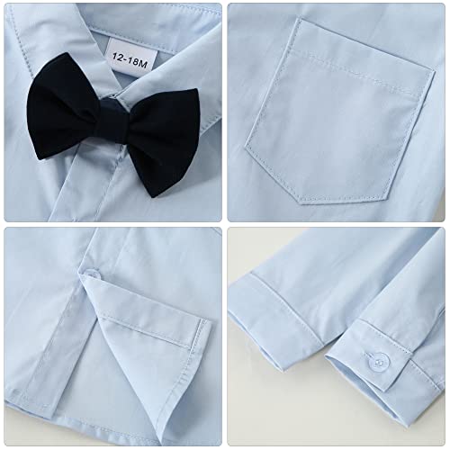 YALLET Toddler Baby Boy Clothes Suit Gentleman Wedding Outfits, Formal Dress Shirt+Bowtie+Vest+Boutonniere+Suspender Pants(V Navy Blue, 2-3T) - Image 4