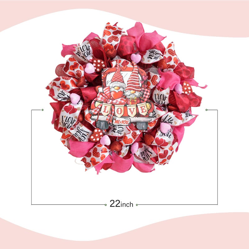 TEMPUS 22Inch Valentine's Day Wreath with Love Sign Red/Pink/White Ribbon Mesh Wreath for Front Door Anniversary Wedding Party Pendant Home Party Ornaments - Image 3