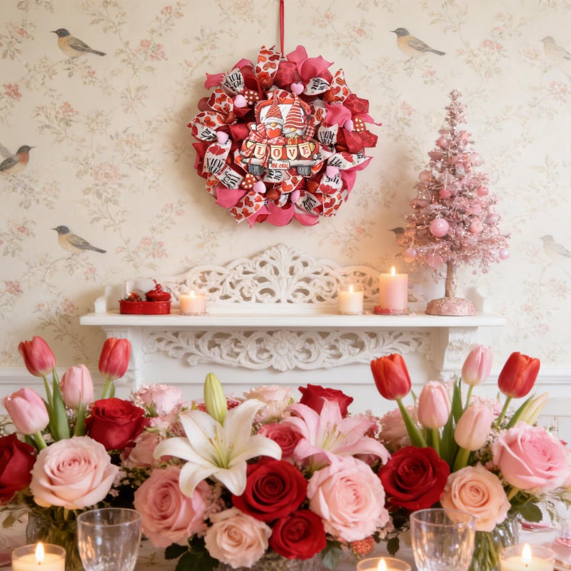 TEMPUS 22Inch Valentine's Day Wreath with Love Sign Red/Pink/White Ribbon Mesh Wreath for Front Door Anniversary Wedding Party Pendant Home Party Ornaments - Image 5
