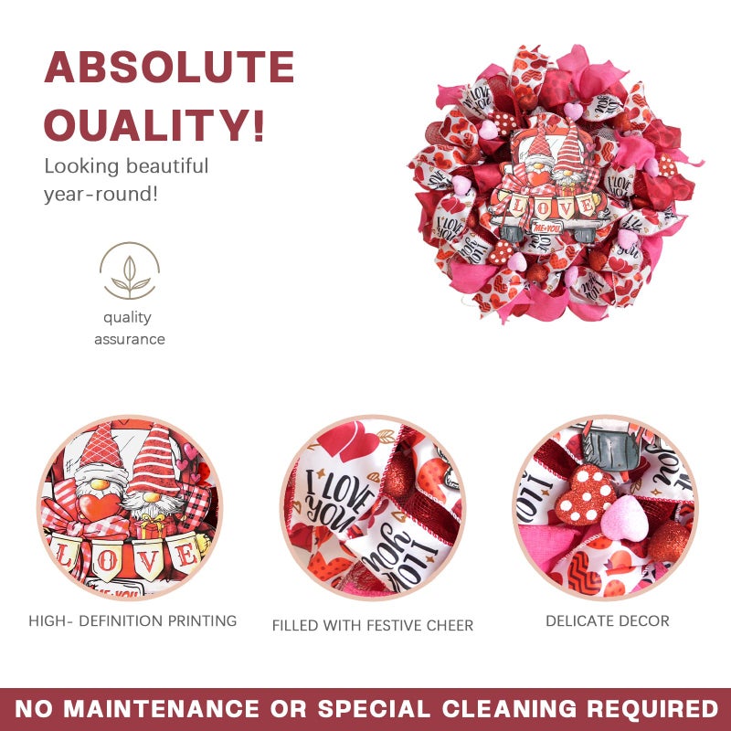 TEMPUS 22Inch Valentine's Day Wreath with Love Sign Red/Pink/White Ribbon Mesh Wreath for Front Door Anniversary Wedding Party Pendant Home Party Ornaments - Image 2