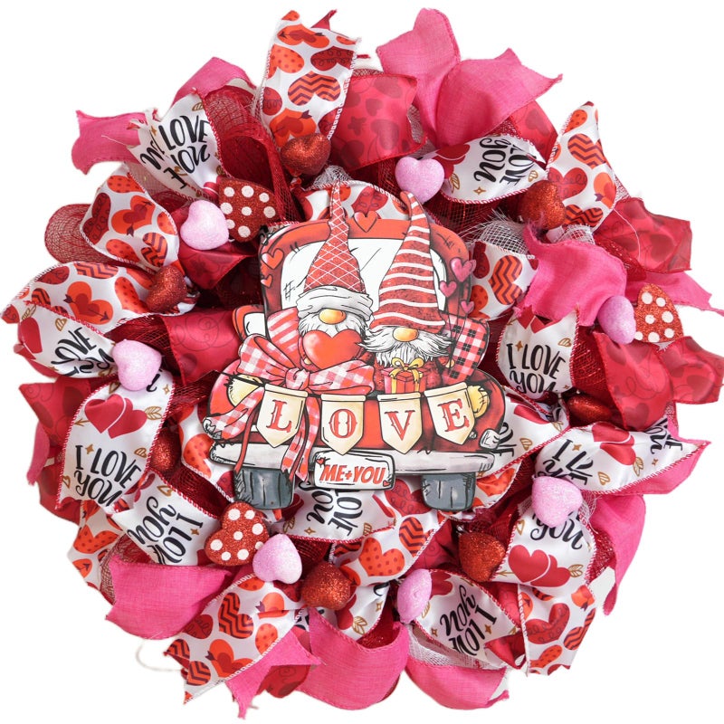 TEMPUS 22Inch Valentine's Day Wreath with Love Sign Red/Pink/White Ribbon Mesh Wreath for Front Door Anniversary Wedding Party Pendant Home Party Ornaments - Image 1