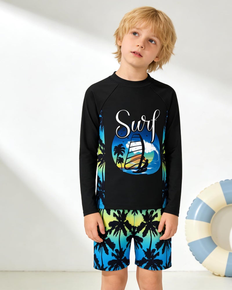 Ghteas Boys Rash Guard Swim Set Kids Two Piece Swimsuits Long Sleeve Swimwear Sets Coconut Tree Printed Swim Trunks Quick Dry Sun Protection Boys Bathing Suit Size 10 - Image 2